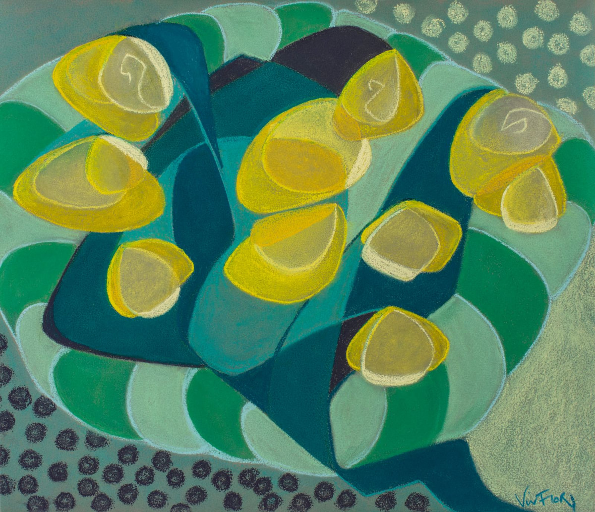 Yellow Petals. Yellow circular petals overlap layered blue-green shapes.