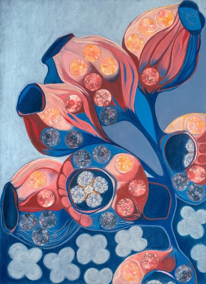 Pod Stories I. Coral pod-like forms and pale circles emerge from a deep blue ground.