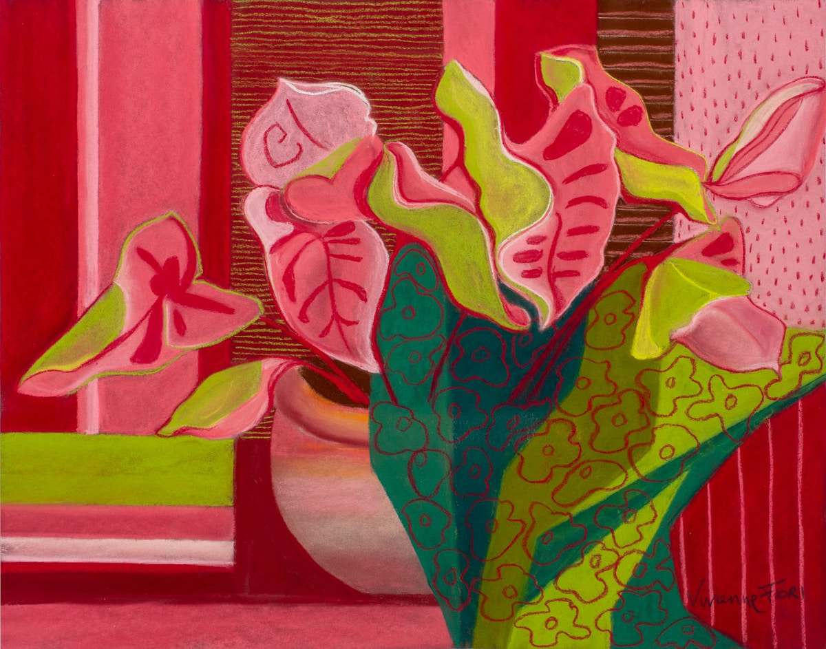 Pink Leaves. Pink leaves in a dark green vase against layered red and green forms.