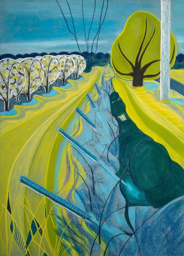 Falling Fence. A winding yellow landscape, dark green forms and fine fence lines.