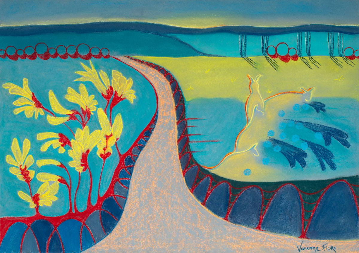 Kangaroo Paw. Yellow flowers flank a pale path within a blue-green landscape.