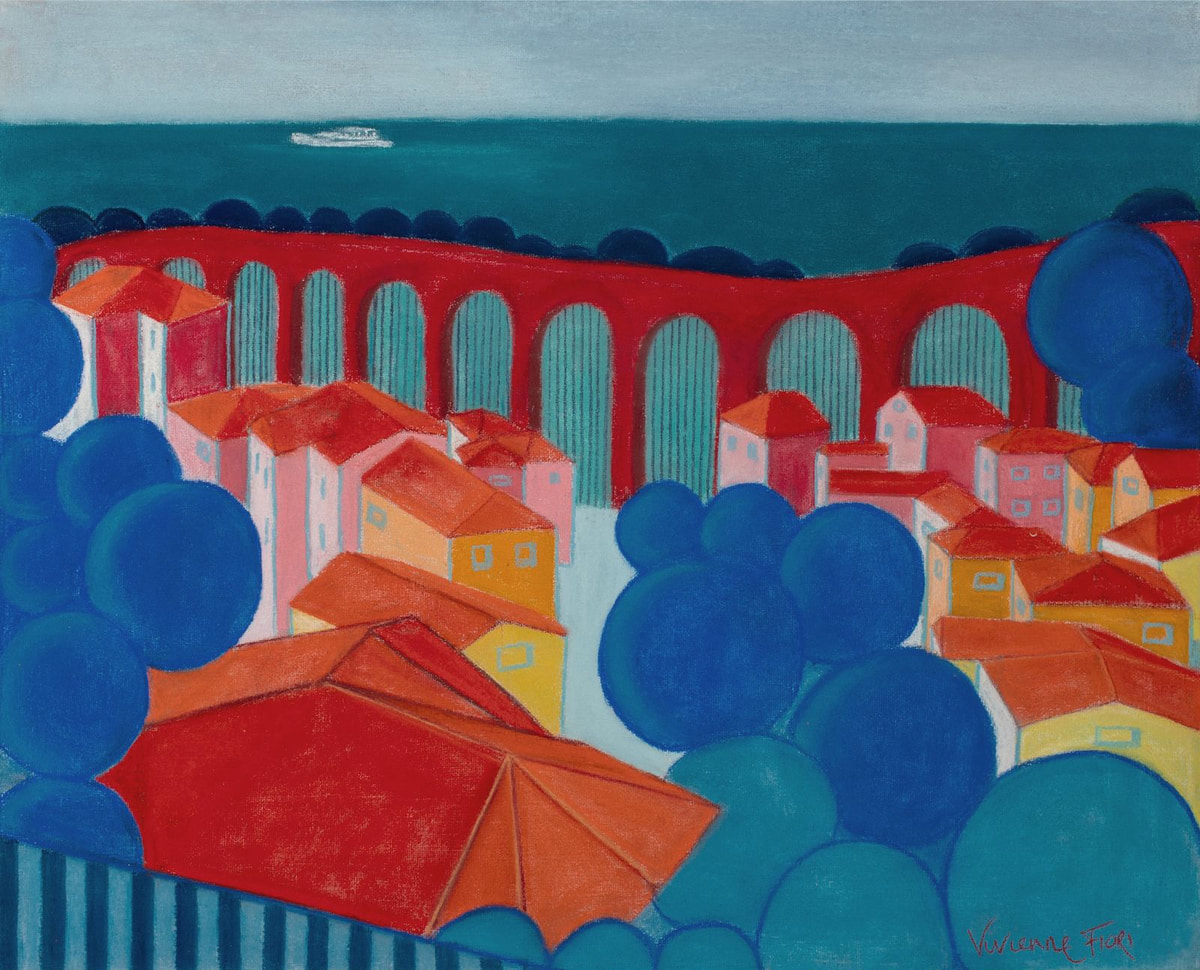 Aqueduct of Trieste. Red arches and warm rooftops among rounded blue trees.