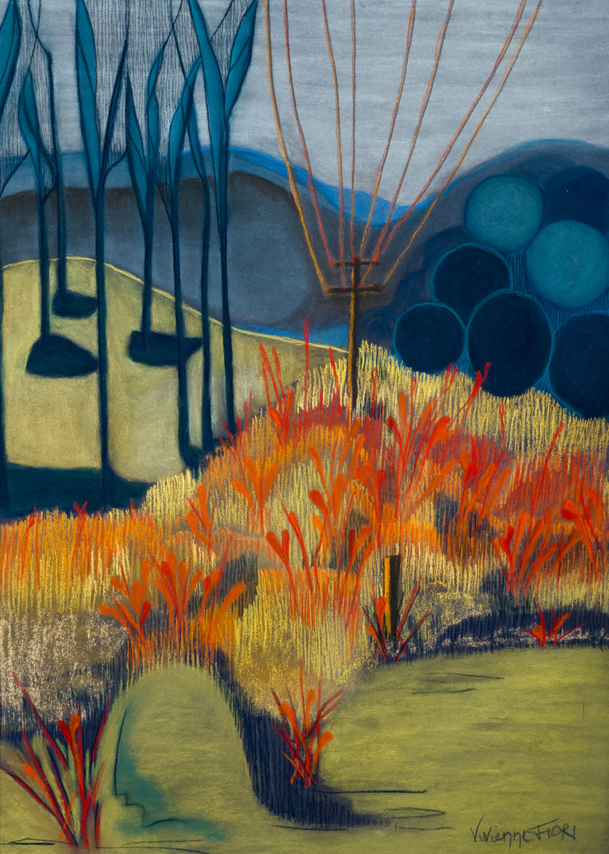 Abstracted landscape in pastel: dark trees and a power pole, blue hills and circular forms above a field of orange and red grasses beside a green pond