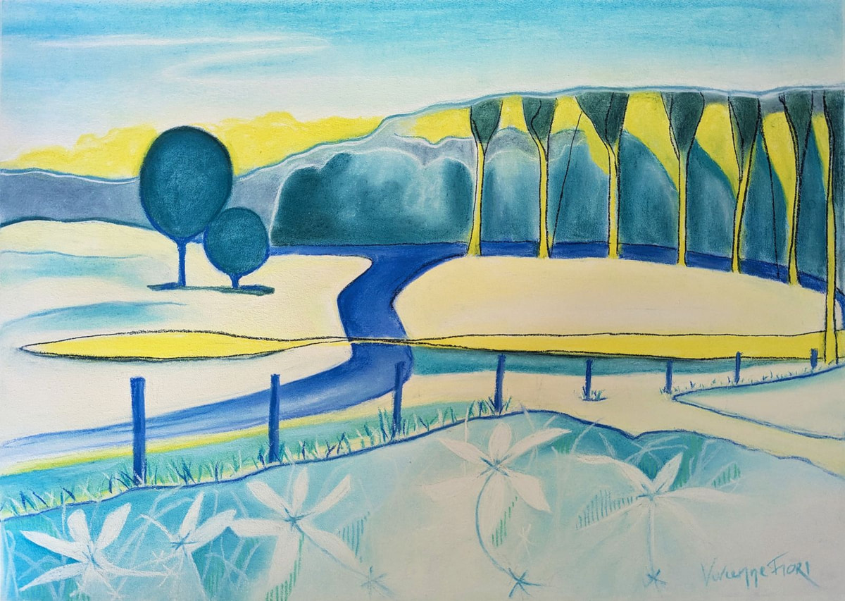 Frosty Morning — Eltham. Pale blue foreground, a winding dark line and trees against a yellow sky.