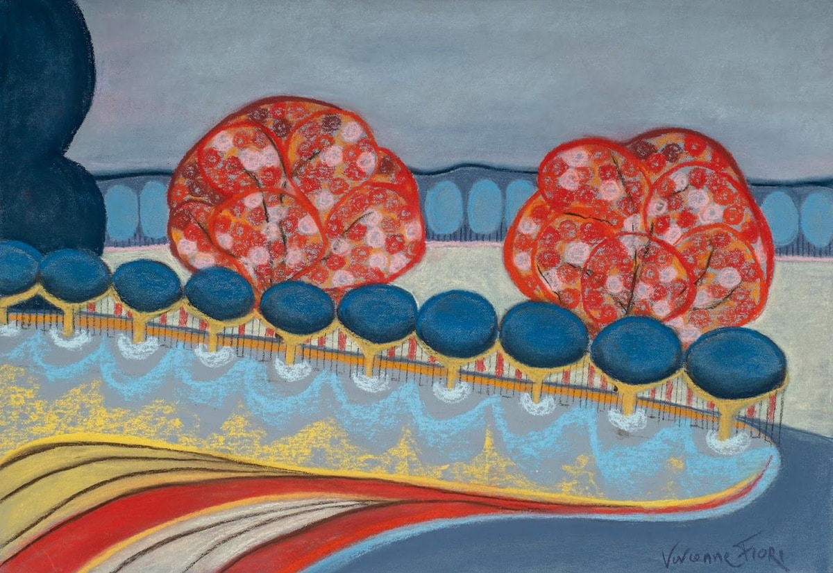 Red Trees — Warrandyte. Rounded red trees and rhythmic bands of colour across a blue landscape.